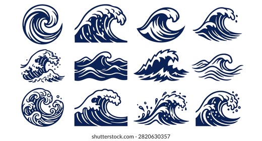 Stylized Ocean Wave Patterns in Blue and Teal for Graphic Design Projects, Set of stylized blue ocean wave icons and water splash illustrations for surf and nature designs, Set of black wave vector icons representing ocean sea water surf tsunamis and splash symbols isolated on white background