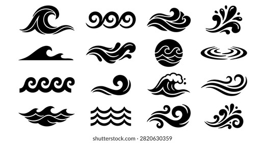 Stylized Ocean Wave Patterns in Blue and Teal for Graphic Design Projects, Set of stylized blue ocean wave icons and water splash illustrations for surf and nature designs, Set of black wave vector icons representing ocean sea water surf tsunamis and splash symbols isolated on white background