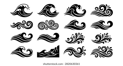 Stylized Ocean Wave Patterns in Blue and Teal for Graphic Design Projects, Set of stylized blue ocean wave icons and water splash illustrations for surf and nature designs, Set of black wave vector icons representing ocean sea water surf tsunamis and splash symbols isolated on white background