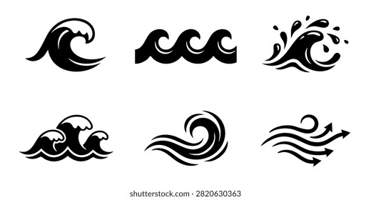 Stylized Ocean Wave Patterns in Blue and Teal for Graphic Design Projects, Set of stylized blue ocean wave icons and water splash illustrations for surf and nature designs, Set of black wave vector icons representing ocean sea water surf tsunamis and splash symbols isolated on white background