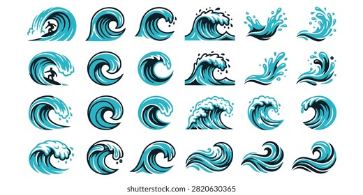 Stylized Ocean Wave Patterns in Blue and Teal for Graphic Design Projects, Set of stylized blue ocean wave icons and water splash illustrations for surf and nature designs, Set of black wave vector icons representing ocean sea water surf tsunamis and splash symbols isolated on white background