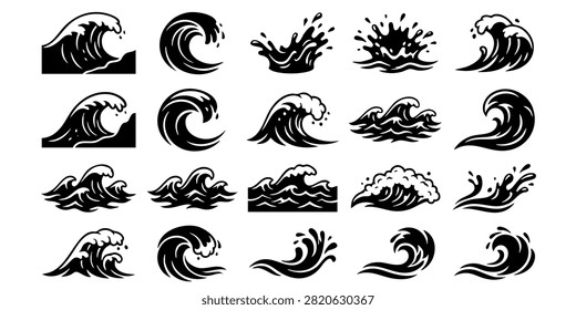 Stylized Ocean Wave Patterns in Blue and Teal for Graphic Design Projects, Set of stylized blue ocean wave icons and water splash illustrations for surf and nature designs, Set of black wave vector icons representing ocean sea water surf tsunamis and splash symbols isolated on white background