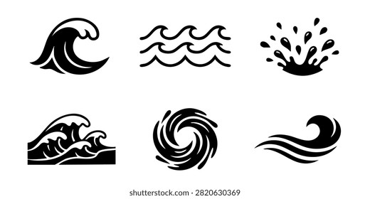 Stylized Ocean Wave Patterns in Blue and Teal for Graphic Design Projects, Set of stylized blue ocean wave icons and water splash illustrations for surf and nature designs, Set of black wave vector icons representing ocean sea water surf tsunamis and splash symbols isolated on white background