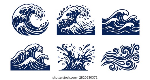 Stylized Ocean Wave Patterns in Blue and Teal for Graphic Design Projects, Set of stylized blue ocean wave icons and water splash illustrations for surf and nature designs, Set of black wave vector icons representing ocean sea water surf tsunamis and splash symbols isolated on white background