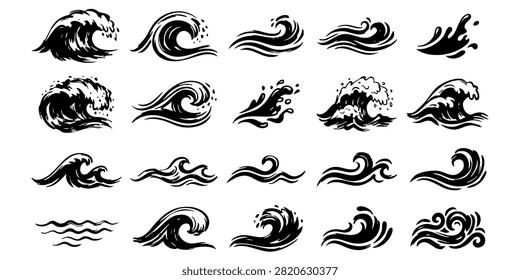 Stylized Ocean Wave Patterns in Blue and Teal for Graphic Design Projects, Set of stylized blue ocean wave icons and water splash illustrations for surf and nature designs, Set of black wave vector icons representing ocean sea water surf tsunamis and splash symbols isolated on white background