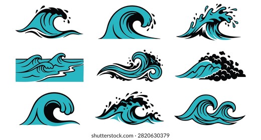 Stylized Ocean Wave Patterns in Blue and Teal for Graphic Design Projects, Set of stylized blue ocean wave icons and water splash illustrations for surf and nature designs, Set of black wave vector icons representing ocean sea water surf tsunamis and splash symbols isolated on white background