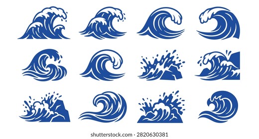 Stylized Ocean Wave Patterns in Blue and Teal for Graphic Design Projects, Set of stylized blue ocean wave icons and water splash illustrations for surf and nature designs, Set of black wave vector icons representing ocean sea water surf tsunamis and splash symbols isolated on white background