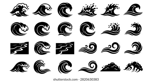 Stylized Ocean Wave Patterns in Blue and Teal for Graphic Design Projects, Set of stylized blue ocean wave icons and water splash illustrations for surf and nature designs, Set of black wave vector icons representing ocean sea water surf tsunamis and splash symbols isolated on white background