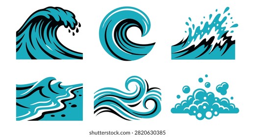 Stylized Ocean Wave Patterns in Blue and Teal for Graphic Design Projects, Set of stylized blue ocean wave icons and water splash illustrations for surf and nature designs, Set of black wave vector icons representing ocean sea water surf tsunamis and splash symbols isolated on white background