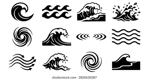 Stylized Ocean Wave Patterns in Blue and Teal for Graphic Design Projects, Set of stylized blue ocean wave icons and water splash illustrations for surf and nature designs, Set of black wave vector icons representing ocean sea water surf tsunamis and splash symbols isolated on white background