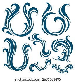 Stylized ocean wave swirls in bold blue lines. Artistic graphic elements for branding, logo design, textile patterns, or marine-inspired compositions. Clean and elegant vector style.