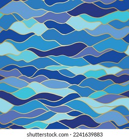 Stylized ocean waves with gold lining seamless vector pattern