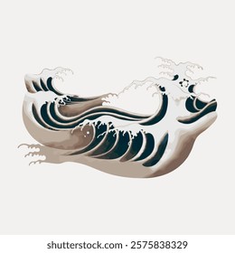 Stylized ocean waves in a Japanese art style, featuring dynamic waves and foam. The waves create a sense of movement and energy, typical of Japanese art. Isolated vintage vector element.