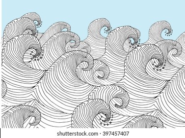 Stylized ocean waves. Storm. Line art. Black and white drawing by hand. Abstract.