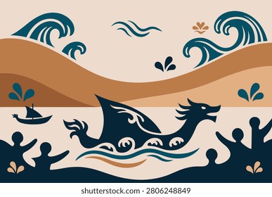 Stylized ocean waves surround a mythical sea monster or dragon as people watch from the shore in this graphic adventure scene.