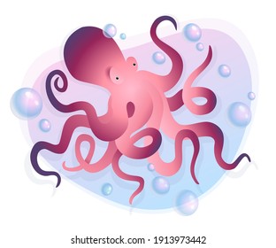 Stylized octopus and bubbles around. Colored vector illustration.