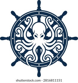 Stylized octopus design within a ship's wheel, showcasing nautical themes and artistry