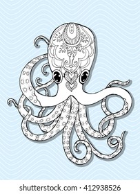 Stylized octopus. Marine inhabitants. Children's art. Black and white drawing by hand. Tattoo. Line art. Zentangle.