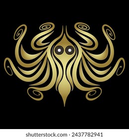 Stylized octopus with spiral tentacles. Ancient Greek animal design. Ethnic Cretan Minoan vase painting style. Golden glossy silhouette with white pearl beads on black background.