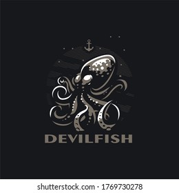 Stylized octopus with tentacles in the sea. Around the bubbles and the anchor. Black background. Vector illustration.