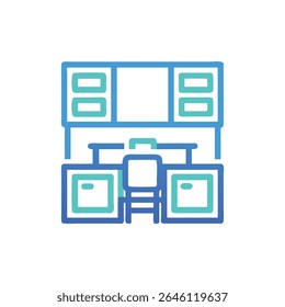Estilizada configuración de oficina con escritorio y estantería. Diseño plano con muebles perfilados en azul, turquesa y blanco. Sobre un fondo blanco.