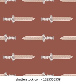 Stylized old historu seamless pattern with sword ornament. Grey colored middle ages elements on pale maroon background. Perfect for fabric design, textile print, wrapping, cover. Vector illustration.