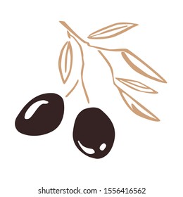 Stylized olive branch silhouette with olives and leaves. Vector icon illustration, sketch design element for labels or packaging, gold and brown