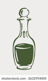 Stylized olive oil bottle in an elegant minimalist graphic style, drawn with dark green lines on a light background. Concept of organic product and culinary art. Vector illustration