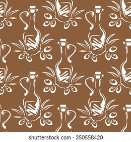 Stylized olives oil on a brown background. Seamless pattern.
