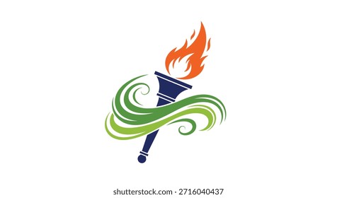 Estilizada antorcha olímpica con llamas naranjas vibrantes y olas verdes que fluyen representando deportes internacionales, victoria y unidad global.