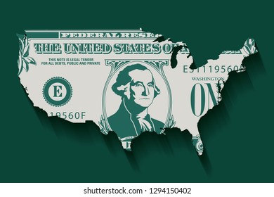 A stylized one dollar bill in the shape of America for your print or web needs.