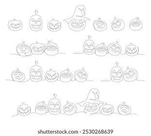 Stylized one line graphic halloween pumpkins in a big vector set of clip art