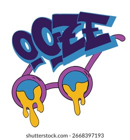Ilustración de texto estilizado OOZE con letras azules en negrita, gafas de sol goteando, marcos rosados, lentes azules, líquido amarillo, vibrante diseño de la calle del arte pop