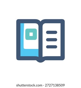 Stylized open book icon with blue tones. Left page has a teal square, right page has blue dashes.
