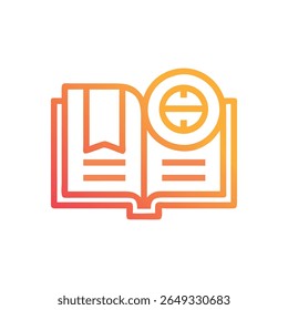 Stylized open book icon with a bookmark and a circular graphic element. Gradient from orange to red on black. Minimalist style.