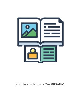 Stylized open book illustration with an image and text pages in a flat design style.