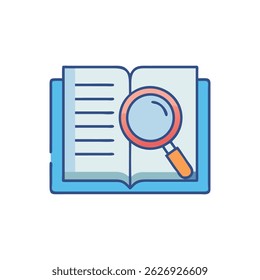 Stylized open book with a magnifying glass on it. Simple and clean illustration in a cartoon style.