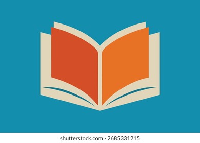 Livro aberto estilizado com páginas laranja e bege em um fundo azul-petróleo leitura educação
