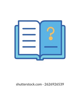 Stylized open book with a question mark. Flat illustration style with limited color palette and simple composition.