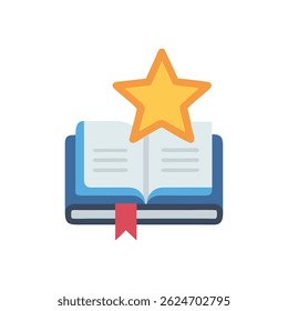 Stylized open book with a yellow star signifying high quality reading material. Flat design with rounded edges, presented on White backdrop.
