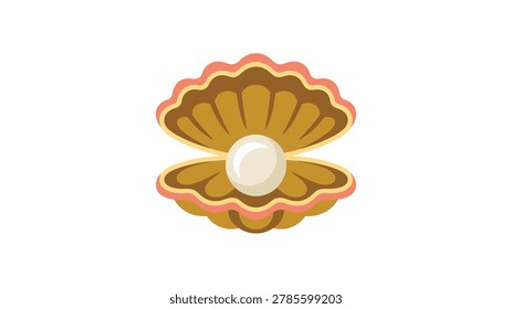 A stylized open golden seashell cradling a perfectly spherical lustrous white pearl is isolated against a clean white background in a simple flat vector graphic style.