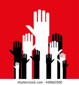 Stylized open hands in black and white reaching up together as a group or crowd against a red background