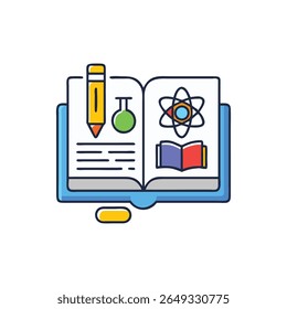 A stylized open textbook featuring educational science icons in a flat cartoon style. The cheerful vector illustration conveys learning.