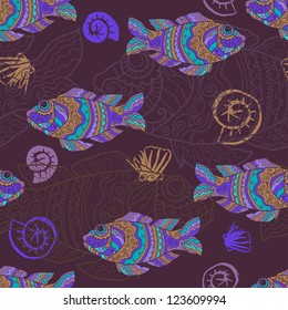 Stylized openwork fishes seamless pattern . Endless background