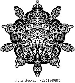 Stylized openwork snowflake, mandala, star. Linocut, graphics. Vector element.