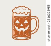 A stylized orange beer mug with a jack-o-lantern face.