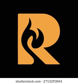 Ein stilisiertes orangefarbenes und schwarzes Logo mit einem Flammendesign-Element