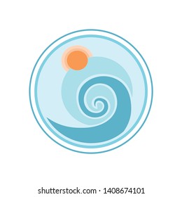 Stylized, orange and blue colored, sun and sea wave in a round frame, for logo, infographics or various designs.