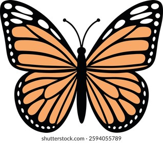 Stylized Orange Butterfly Vector, Black Outline, High-Quality Nature Design for Garden Illustrations