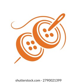 Stylized orange buttons with a needle and thread concept for sewing and crafts